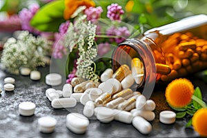 Pills and medical care medicines in old wrinkled hand, drug rehab recovery. Nutrition, vitamin medicine supplement diet health.