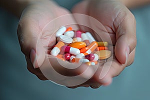 Pills and medical care medicines in old wrinkled hand, drug rehab recovery. Nutrition, vitamin medicine supplement diet health.