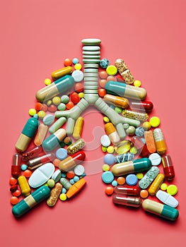 Pills and medications in lungs, medication addiction, medical healthcare illustration