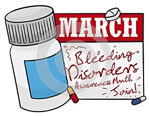 Pills, Medicine Bottle, Calendar and Doodles, promoting Bleeding Disorders Awareness Month, Vector Illustration