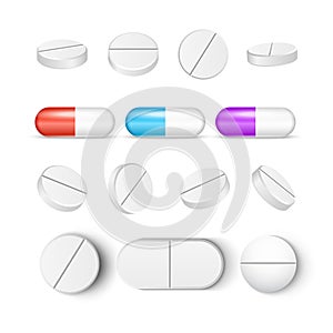 Pills medicine capsule icon isolated set. Pharmacy pill treatment painkiller or vitamin medicine