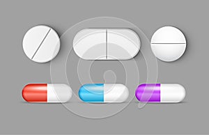 Pills medicine capsule vector icon isolated set. Pharmacy pill treatment painkiller or vitamin medicine