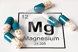 Pills with mineral Mg magnesium on a white background with an