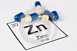 Blue pills with mineral Zn Zincum on a white background with a