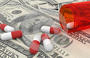 Pills over dollars bills with white background
