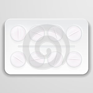 Pills In Pack. Tablets Pills In Box. Medical Drugs. Medicine Vitamins Pills In Blister Packs Isolated On A Background. Vector Illu