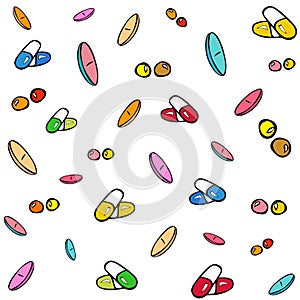 Pills pattern seamless for drug store decoration, funny colorful pattern with drugs illustration, pills of different shapes