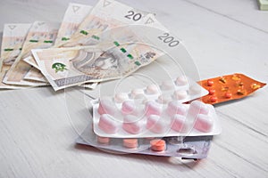 Pills and polish zloty bills. medicine pills health cost polish money zloty pln concept