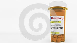 Antiepileptic pills in a prescription bottle. Conceptual 3D rendering photo