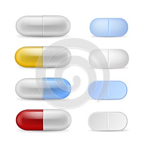 Pills realistic. Medicines tablets, capsules and drugs. Antibiotic, colorful vitamins or painkillers, round pharmacology