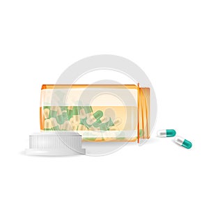 Pills are spilling out of a bottle. Realistic vector illustration. Tablets in a bottle isolated on the white background.