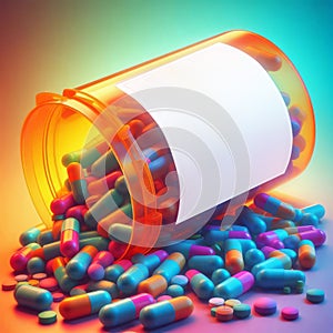 Pills spilling out of pill bottle on colorful background.