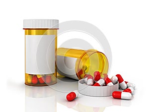 Pills spilling out of pill bottle .