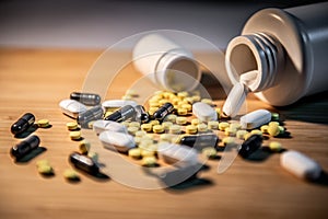 Pills spilling out of pill bottles on wooden table