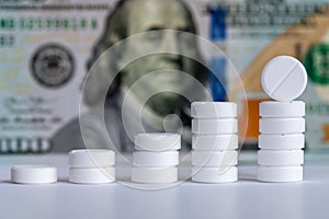 Pills stack and money - rising drug prices idea