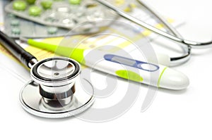 Pills, stethoscope, medicine and thermometers