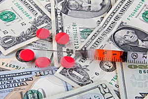Pills and syringe on dollar bills