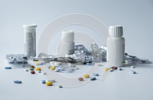 Pills and tablet closeup. Medicinal drugs