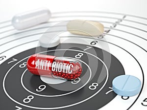 Pills on target and antibiotic in the center. Scientific resear