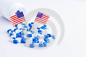 Pills and usa flag. pharmacies in the country. Import of tablets to the USA.