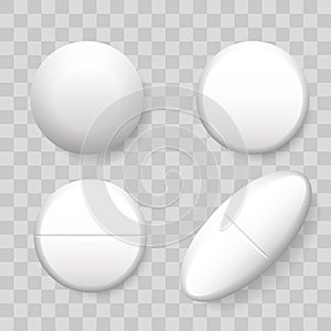Pills vector 3D realistic isolated icons on transparent background. Set of drug pill in round oblong for pharmaceutical medicine photo
