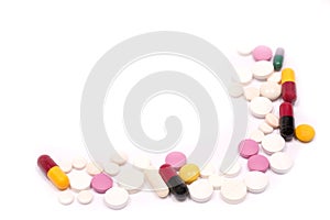 Pills on a white isolated background. view from above. pills background