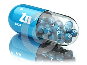 Pills with zinc Zn element Dietary supplements. Vitamin capsules