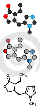 Pilocarpine alkaloid drug molecule. Used in treatment of glaucoma and dry mouth (xerostomia).Pilocarpine alkaloid drug molecule.