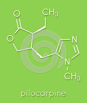 Pilocarpine alkaloid drug molecule. Used in treatment of glaucoma and dry mouth xerostomia. Skeletal formula.