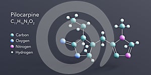 pilocarpine molecule 3d rendering, flat molecular structure with chemical formula and atoms color coding photo