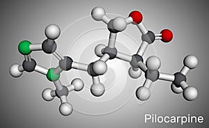 Pilocarpine, molecule. It is natural alkaloid, used on the eye to treat elevated intraocular pressure, glaucoma. Molecular model. photo