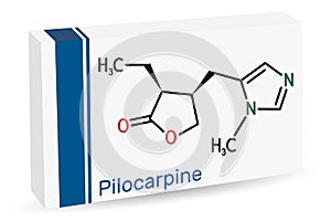Pilocarpine molecule. It is natural alkaloid, used on the eye to treat elevated intraocular pressure, glaucoma. Skeletal