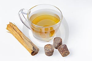 Piloncillo, ground piloncillo and piloncillo tea isolated