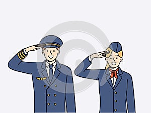 Pilot aircraft and stewardess greet passengers of flight and thank you for using services of airline