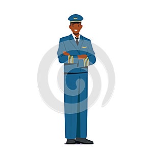 Pilot of Airplane Isolated on White Background. Aviation Aircrew Male Character Wearing Uniform, Jet Plane Captain