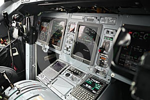 Pilot cabin interior of passenger airplane jet