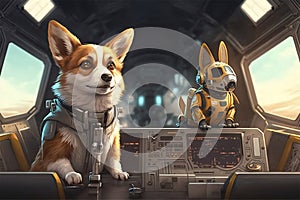 Pilot captain corgi and her best friend copilot robot inside the cockpit. Generative AI