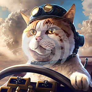 A pilot cat in a helmet piloting an aircraft in the cloudy sky. Created with Generative AI. Midjourney illustration