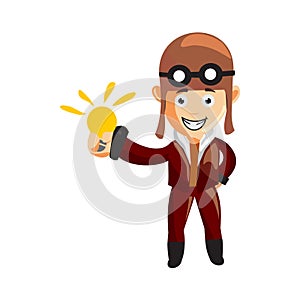 pilot character Holding Bulb illustration use helmet headphones and glasses
