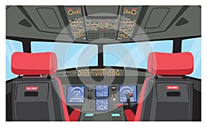 Pilot Cockpit, Captain Airplane Cabin with Dashboard, Chairs and Window. Modern Passenger Plane Interior