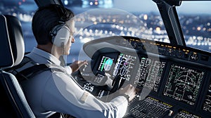 A pilot in the cockpit communicating with the control tower, surrounded by modern aviation technology in a high-detail
