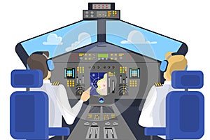 Pilot in cockpit sitting. Control panel in airplane