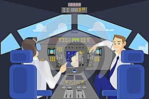 Pilot in cockpit smiling. Control panel in airplane