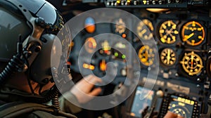 Pilot in Cockpit, Surrounded by Illuminated Aircraft Instruments