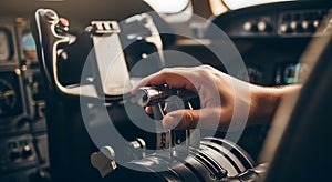 Pilot controls the aircraft throttle during flight in the cockpit of a private jet