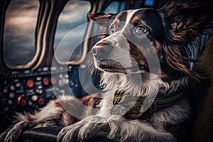 pilot dog lying on pilot& x27;s lap, watching flight instruments and cockpit