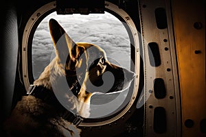 pilot dog sitting on cargo plane, looking out the window