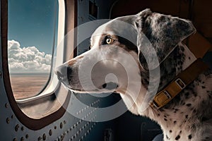 pilot dog sitting on cargo plane, looking out the window