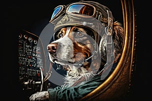 pilot dog sitting in cockpit, checking flight instruments