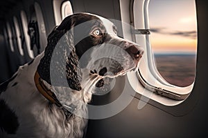 pilot dog sitting in front seat of airplane, looking out the window